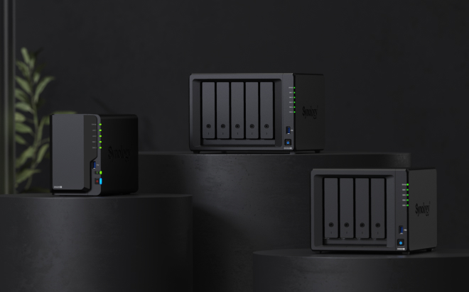 Three NAS devices on display stands