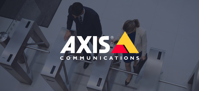 Photo of people entering building with the Axis logo on top